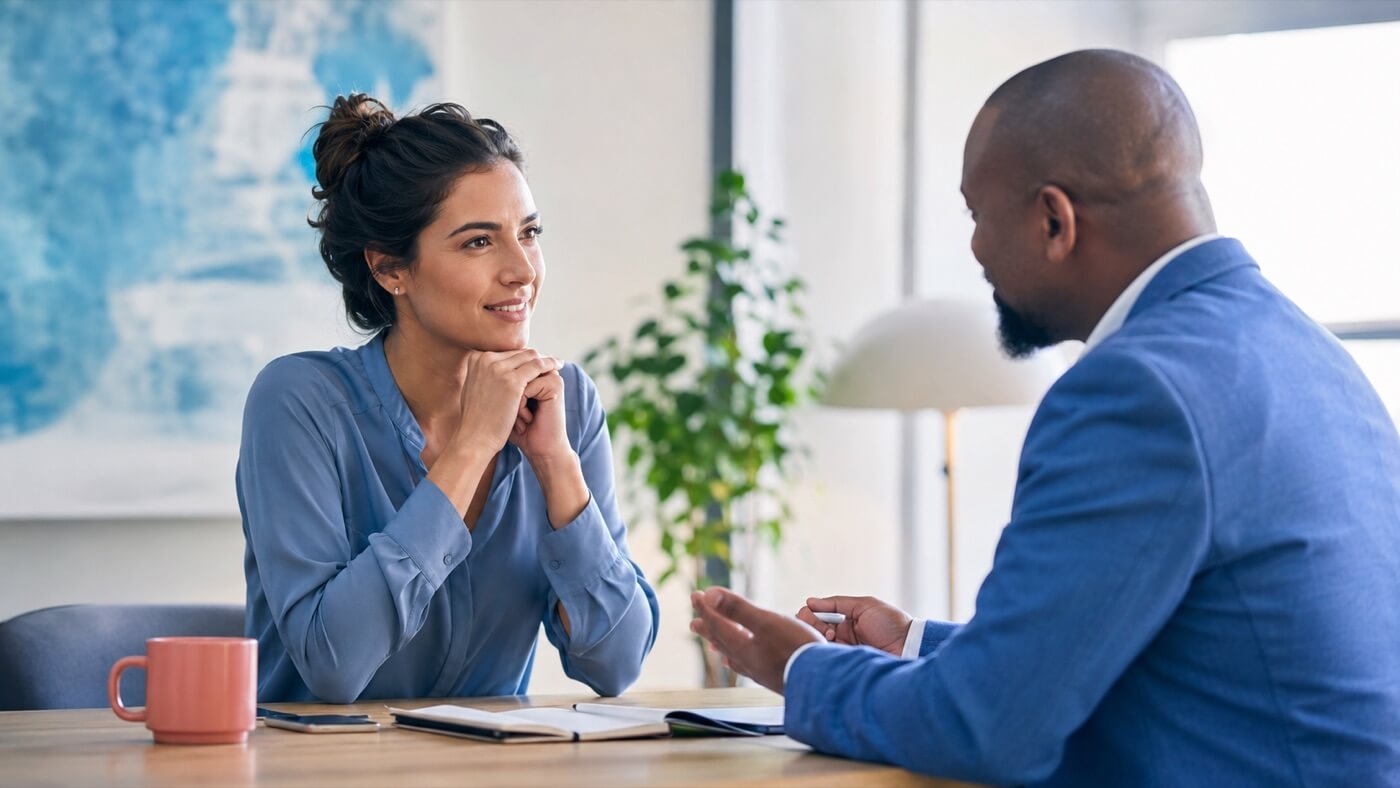 Two professionals in a one-on-one conversation across a desk